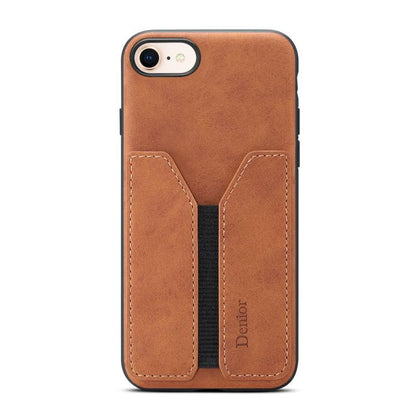 For iPhone 16e Denior D07 DV Elastic Card Slot PU Back Cover Phone Case(Brown) - iPhone 16e Cases by Denior | Online Shopping UK | buy2fix