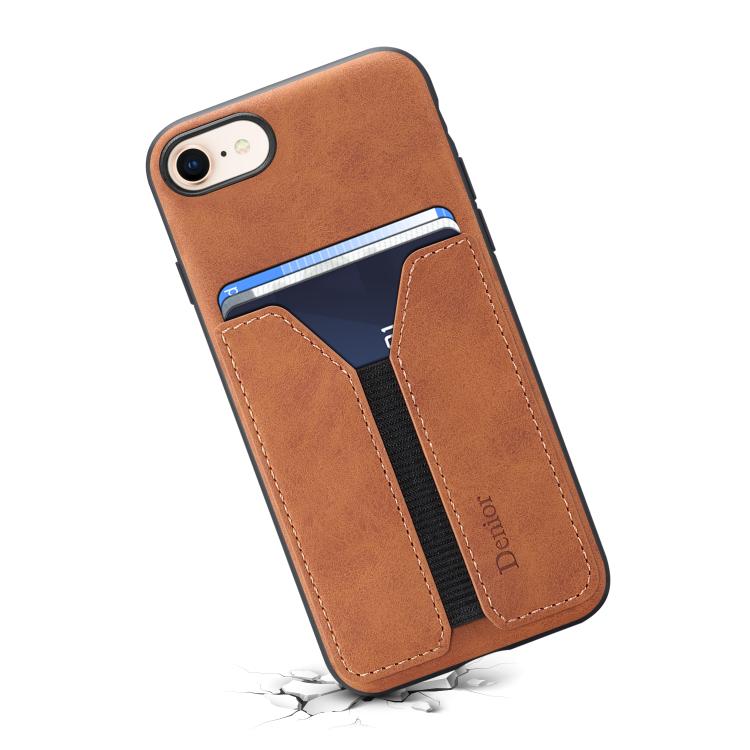 For iPhone 16e Denior D07 DV Elastic Card Slot PU Back Cover Phone Case(Brown) - iPhone 16e Cases by Denior | Online Shopping UK | buy2fix