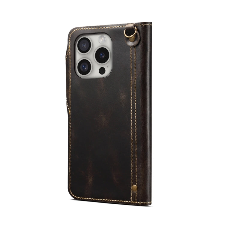 For iPhone 16 Pro Denior B01 Oil Wax Cowhide Magnetic Button Genuine Leather Case(Black) - iPhone 16 Pro Cases by Denior | Online Shopping UK | buy2fix