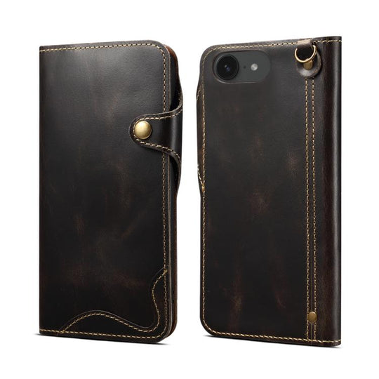For iPhone 17e / 16e Denior B01 Oil Wax Cowhide Magnetic Button Genuine Leather Case(Black)