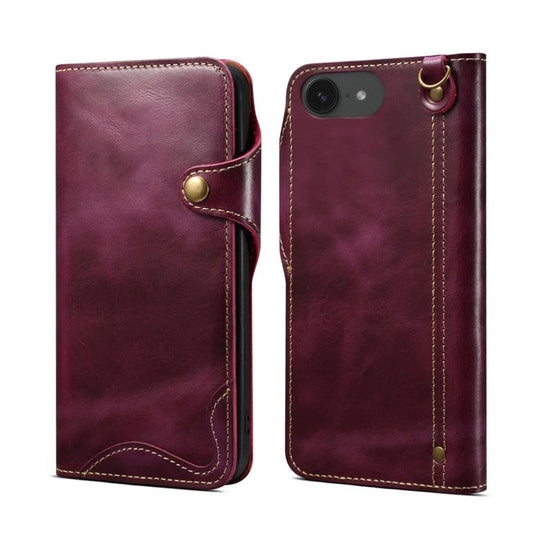For iPhone 17e / 16e Denior B01 Oil Wax Cowhide Magnetic Button Genuine Leather Case(Purple)