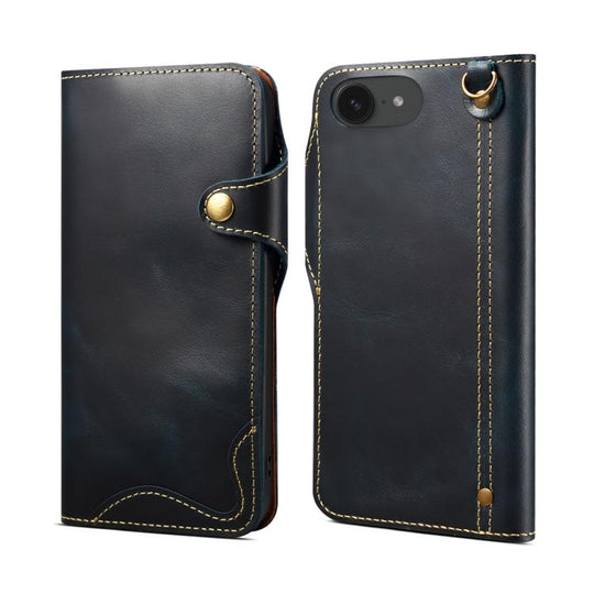 For iPhone 17e / 16e Denior B01 Oil Wax Cowhide Magnetic Button Genuine Leather Case(Blue)