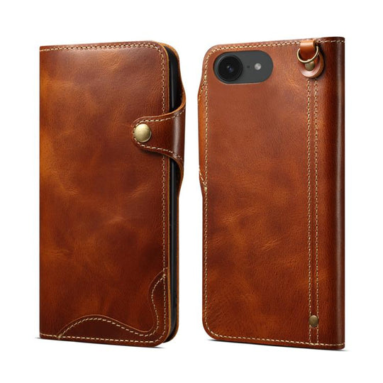 For iPhone 17e / 16e Denior B01 Oil Wax Cowhide Magnetic Button Genuine Leather Case(Brown)
