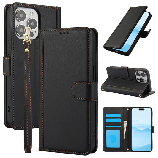 For iPhone 16 Pro Skin Feel Pure Color Card Slots Leather Phone Case with Dual Lanyard(Black) by buy2fix