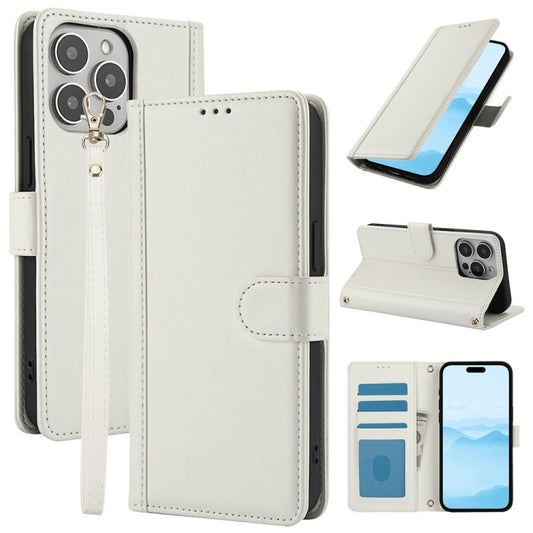 For iPhone 16 Pro Max Skin Feel Pure Color Card Slots Leather Phone Case with Dual Lanyard(White) by buy2fix