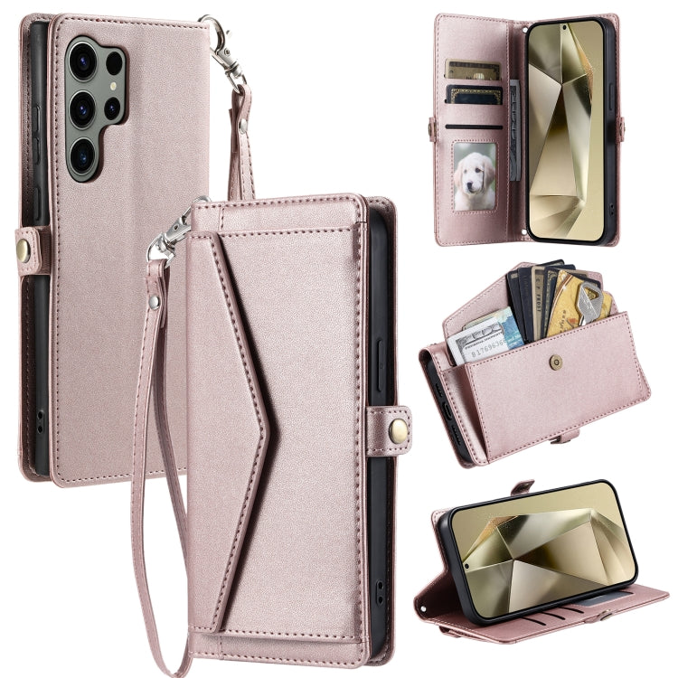 For Samsung Galaxy S25 Ultra 5G Wallet Multi-card Slot Leather Phone Case with Lanyard(Rose Gold) by buy2fix