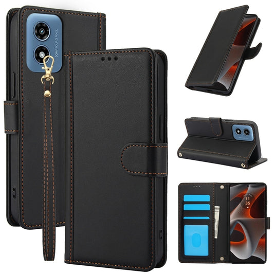 For Motorola Moto G Play 2024 Skin Feel Pure Color Card Slots Leather Phone Case with Dual Lanyard(Black) by buy2fix