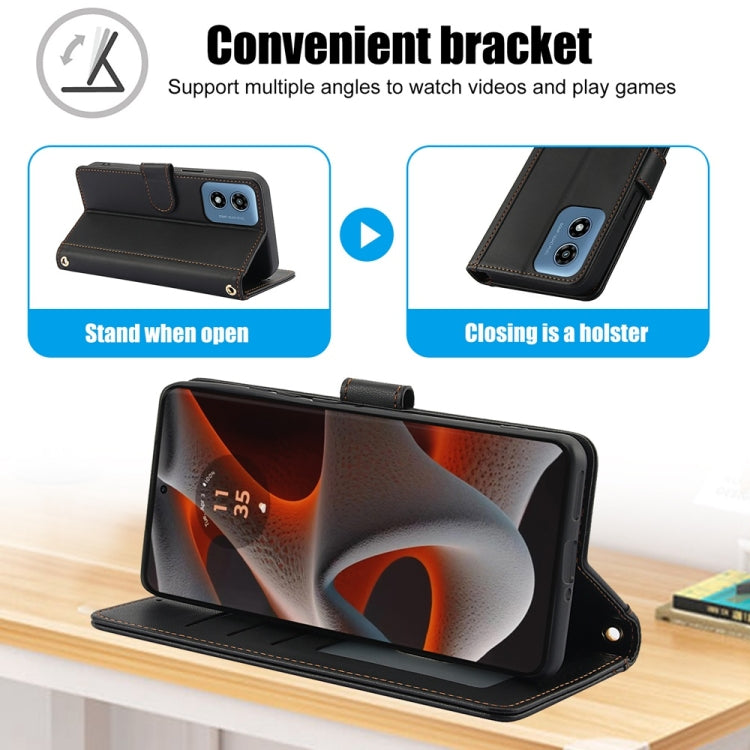 For Motorola Moto G Play 2024 Skin Feel Pure Color Card Slots Leather Phone Case with Dual Lanyard(Black) by buy2fix