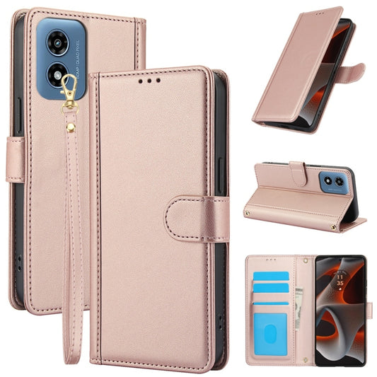 For Motorola Moto G Play 2024 Skin Feel Pure Color Card Slots Leather Phone Case with Dual Lanyard(Rose Gold) by buy2fix