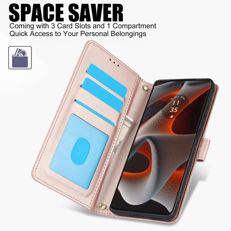 For Motorola Moto G Play 2024 Skin Feel Pure Color Card Slots Leather Phone Case with Dual Lanyard(Rose Gold) by buy2fix