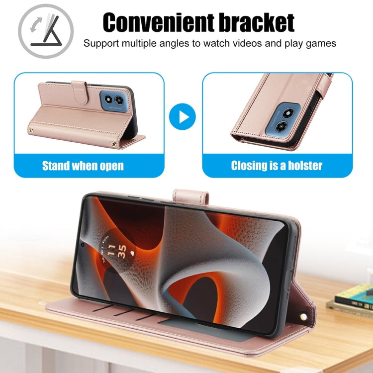 For Motorola Moto G Play 2024 Skin Feel Pure Color Card Slots Leather Phone Case with Dual Lanyard(Rose Gold) by buy2fix