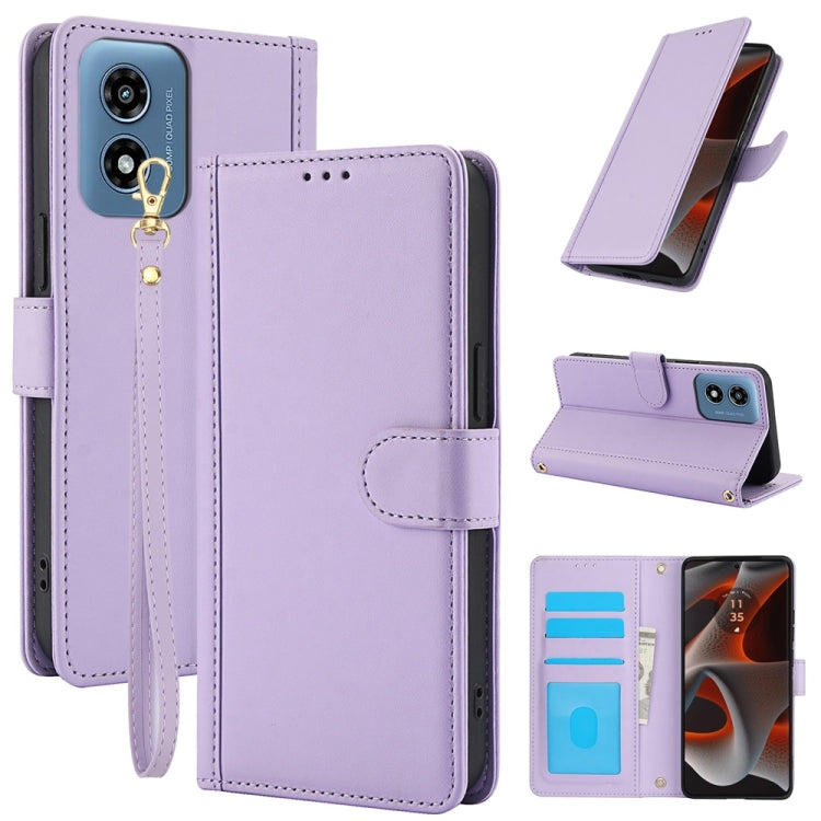 For Motorola Moto G Play 2024 Skin Feel Pure Color Card Slots Leather Phone Case with Dual Lanyard(Purple) by buy2fix