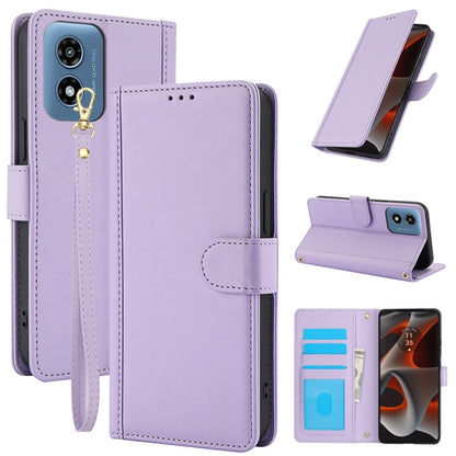 For Motorola Moto G Play 2024 Skin Feel Pure Color Card Slots Leather Phone Case with Dual Lanyard(Purple) by buy2fix