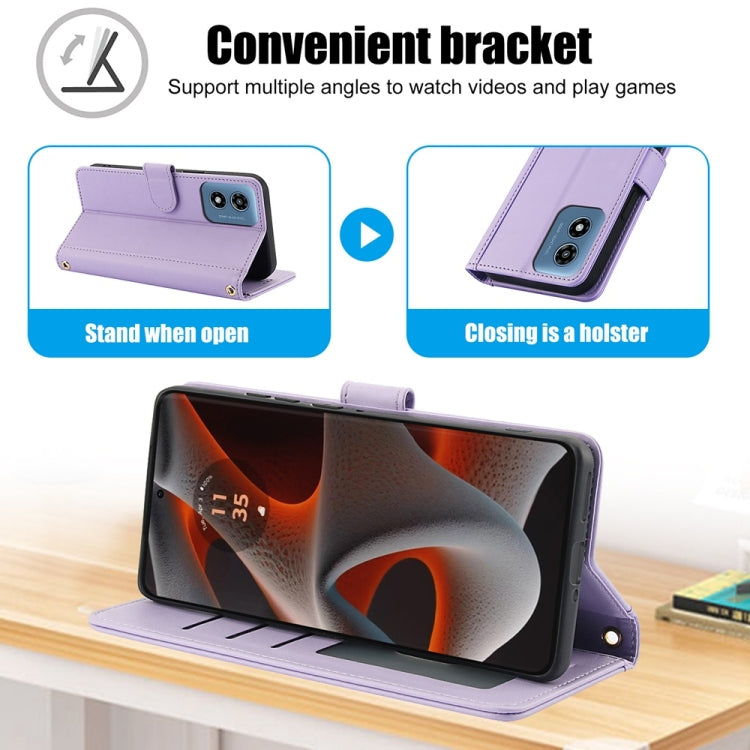 For Motorola Moto G Play 2024 Skin Feel Pure Color Card Slots Leather Phone Case with Dual Lanyard(Purple) by buy2fix