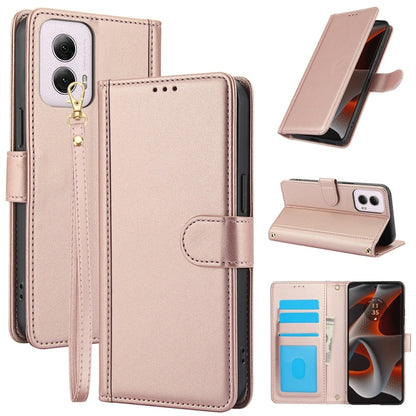 For Motorola Moto G Power 5G 2024 Skin Feel Pure Color Card Slots Leather Phone Case with Dual Lanyard(Rose Gold) by buy2fix
