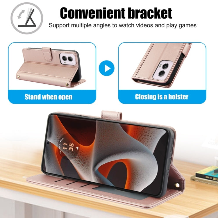 For Motorola Moto G Power 5G 2024 Skin Feel Pure Color Card Slots Leather Phone Case with Dual Lanyard(Rose Gold) by buy2fix