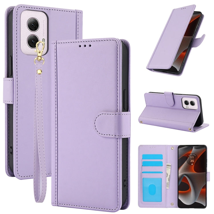 For Motorola Moto G Power 5G 2024 Skin Feel Pure Color Card Slots Leather Phone Case with Dual Lanyard(Purple) by buy2fix
