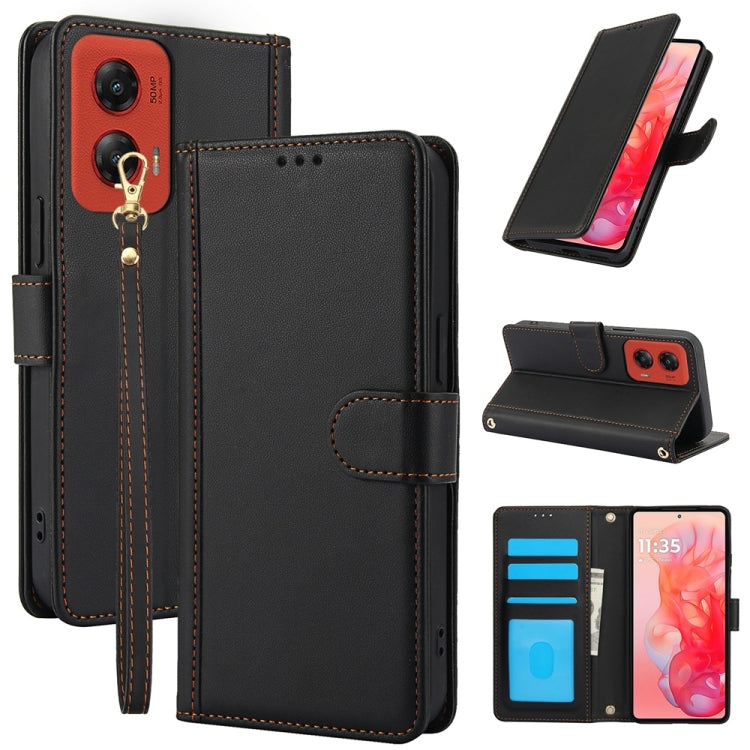 For Motorola Moto G Stylus 5G 2024 Skin Feel Pure Color Card Slots Leather Phone Case with Dual Lanyard(Black) by buy2fix