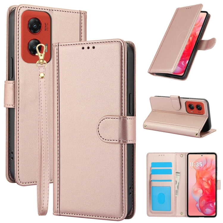 For Motorola Moto G Stylus 5G 2024 Skin Feel Pure Color Card Slots Leather Phone Case with Dual Lanyard(Rose Gold) by buy2fix
