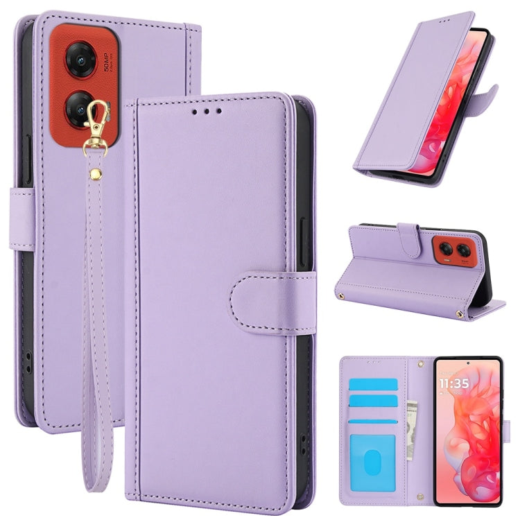 For Motorola Moto G Stylus 5G 2024 Skin Feel Pure Color Card Slots Leather Phone Case with Dual Lanyard(Purple) by buy2fix