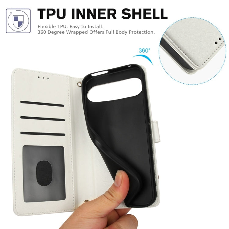 For Google Pixel 9 Pro XL Skin Feel Pure Color Card Slots Leather Phone Case with Dual Lanyard(White) by buy2fix