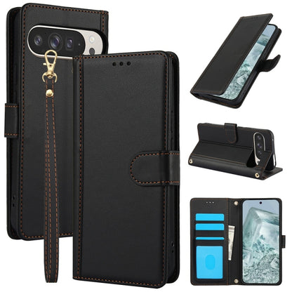 For Google Pixel 9 Pro XL Skin Feel Pure Color Card Slots Leather Phone Case with Dual Lanyard(Black) by buy2fix