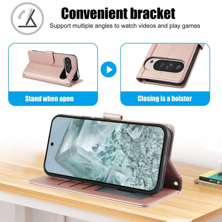 For Google Pixel 9 Pro XL Skin Feel Pure Color Card Slots Leather Phone Case with Dual Lanyard(Rose Gold) by buy2fix