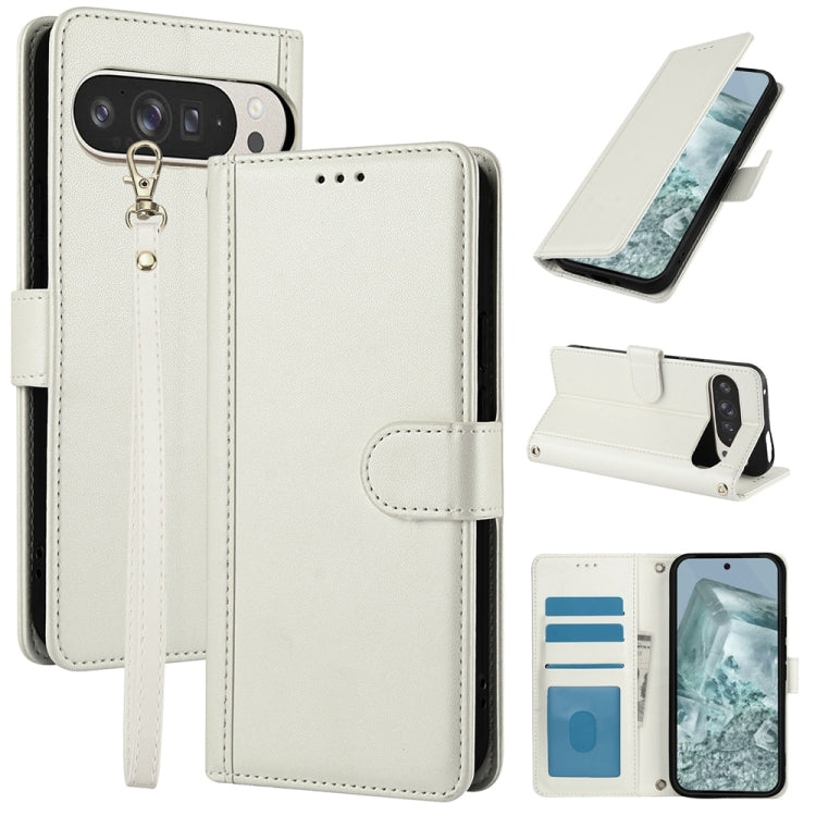 For Google Pixel 9 / 9 Pro Skin Feel Pure Color Card Slots Leather Phone Case with Dual Lanyard(White) by buy2fix
