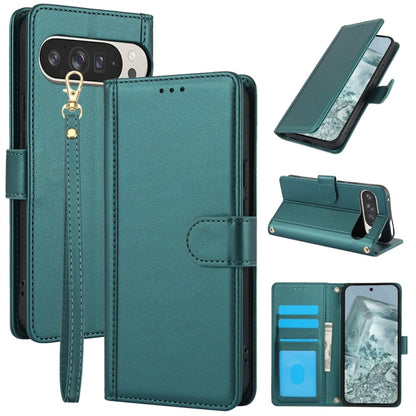 For Google Pixel 9 / 9 Pro Skin Feel Pure Color Card Slots Leather Phone Case with Dual Lanyard(Green) by buy2fix