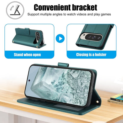 For Google Pixel 9 / 9 Pro Skin Feel Pure Color Card Slots Leather Phone Case with Dual Lanyard(Green) by buy2fix