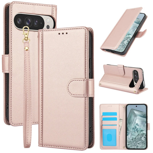 For Google Pixel 9 / 9 Pro Skin Feel Pure Color Card Slots Leather Phone Case with Dual Lanyard(Rose Gold) by buy2fix