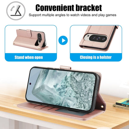 For Google Pixel 9 / 9 Pro Skin Feel Pure Color Card Slots Leather Phone Case with Dual Lanyard(Rose Gold) by buy2fix