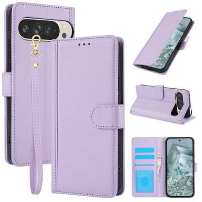 For Google Pixel 9 / 9 Pro Skin Feel Pure Color Card Slots Leather Phone Case with Dual Lanyard(Purple) by buy2fix