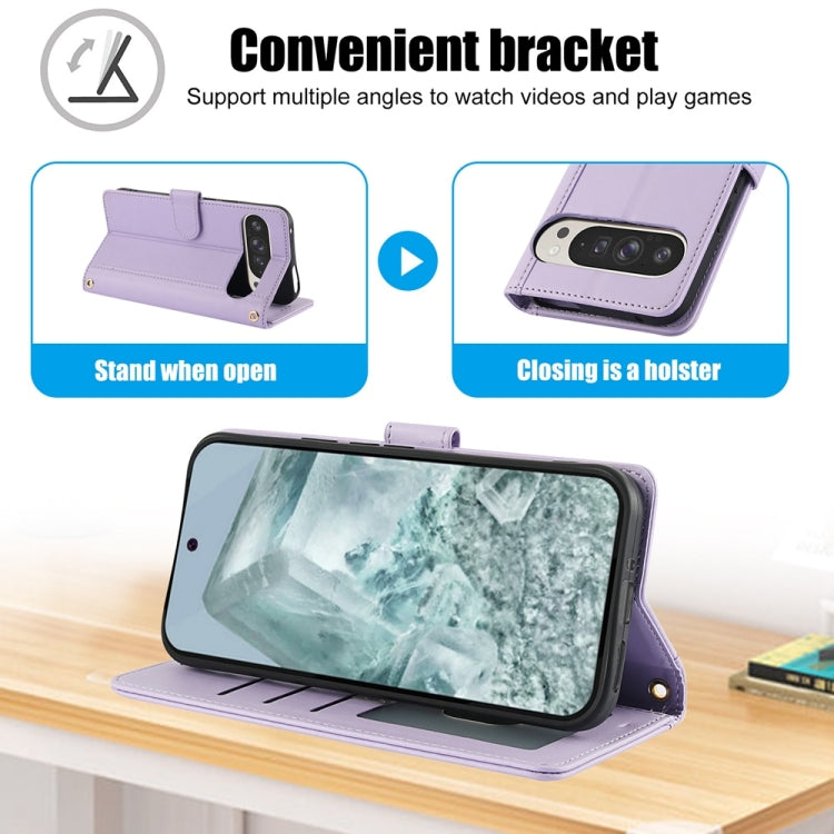 For Google Pixel 9 / 9 Pro Skin Feel Pure Color Card Slots Leather Phone Case with Dual Lanyard(Purple) by buy2fix