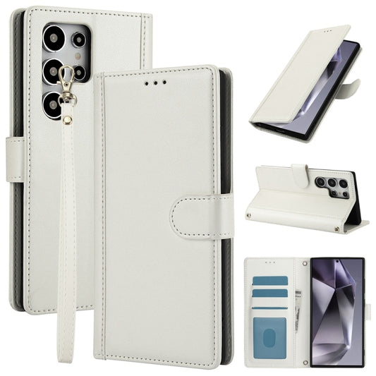 For Samsung Galaxy S25 Ultra 5G Skin Feel Pure Color Card Slots Leather Phone Case with Dual Lanyard(White) by buy2fix