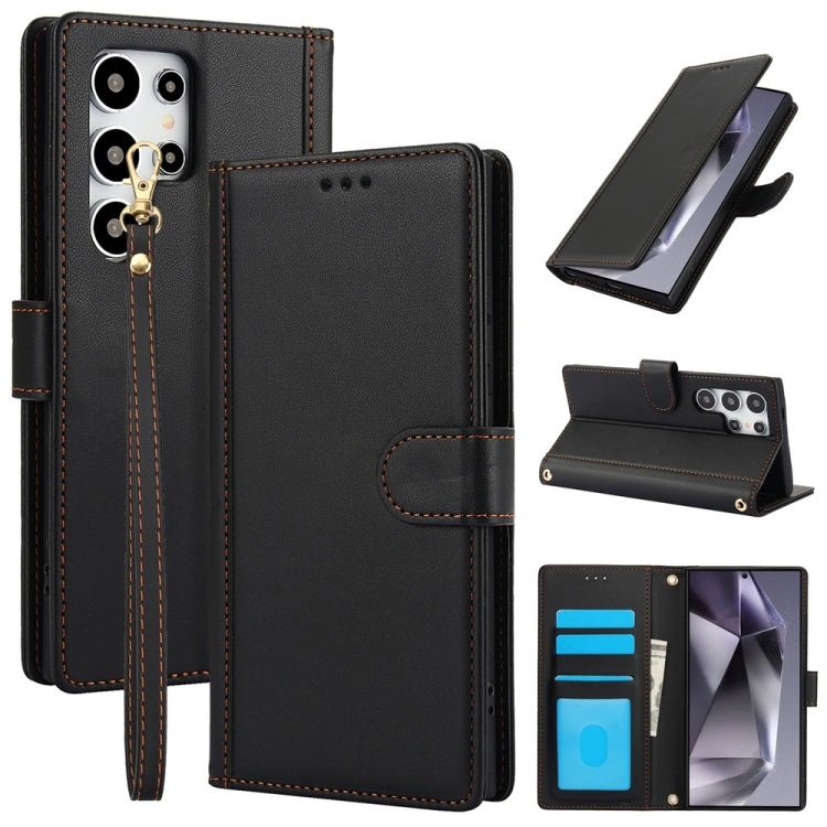 For Samsung Galaxy S25 Ultra 5G Skin Feel Pure Color Card Slots Leather Phone Case with Dual Lanyard(Black) by buy2fix