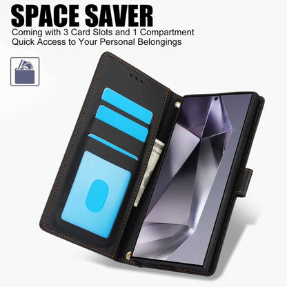 For Samsung Galaxy S25 Ultra 5G Skin Feel Pure Color Card Slots Leather Phone Case with Dual Lanyard(Black) by buy2fix