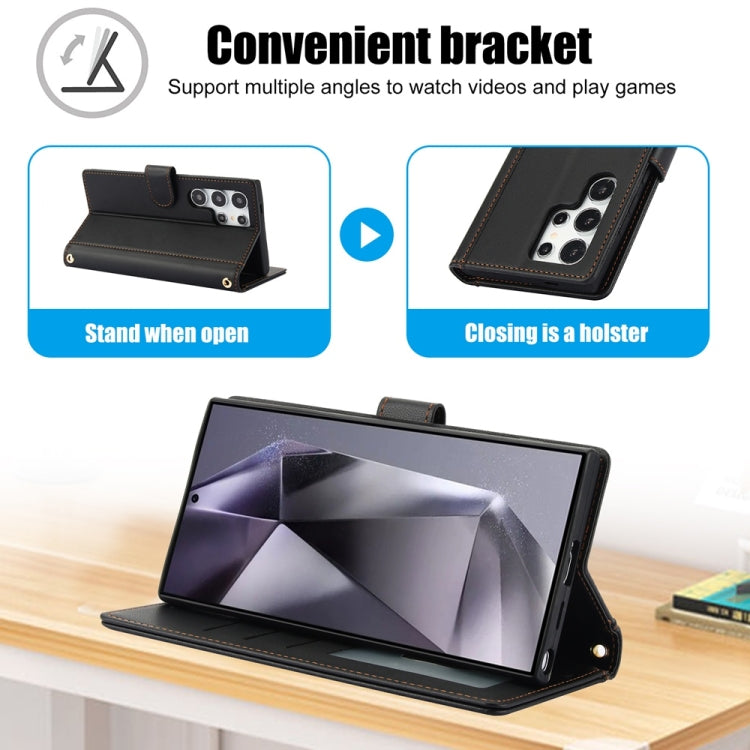 For Samsung Galaxy S25 Ultra 5G Skin Feel Pure Color Card Slots Leather Phone Case with Dual Lanyard(Black) by buy2fix