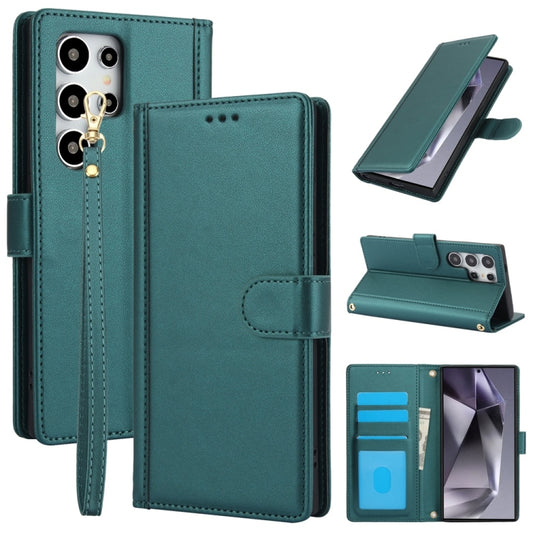 For Samsung Galaxy S25 Ultra 5G Skin Feel Pure Color Card Slots Leather Phone Case with Dual Lanyard(Green) by buy2fix