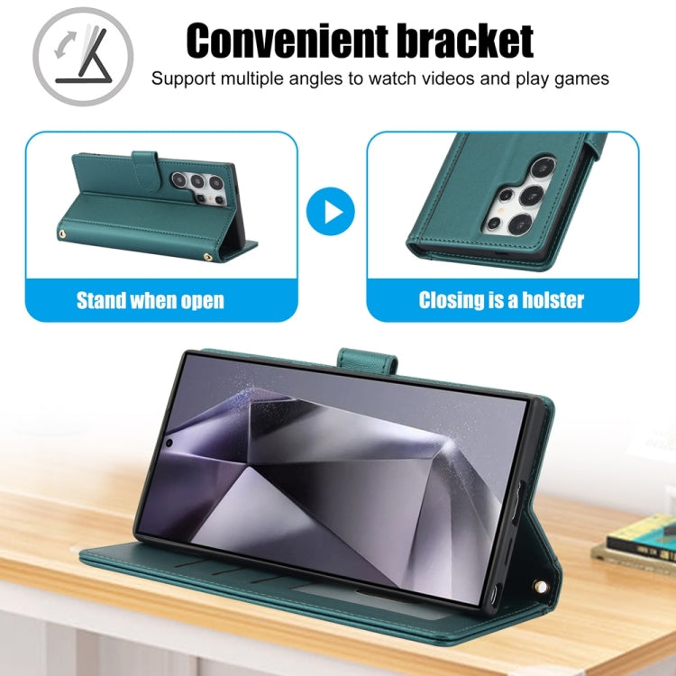 For Samsung Galaxy S25 Ultra 5G Skin Feel Pure Color Card Slots Leather Phone Case with Dual Lanyard(Green) by buy2fix