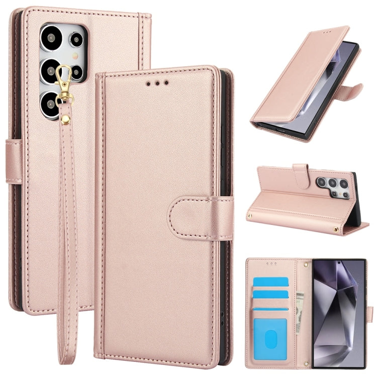 For Samsung Galaxy S25 Ultra 5G Skin Feel Pure Color Card Slots Leather Phone Case with Dual Lanyard(Rose Gold) by buy2fix