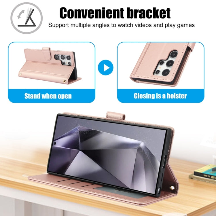 For Samsung Galaxy S25 Ultra 5G Skin Feel Pure Color Card Slots Leather Phone Case with Dual Lanyard(Rose Gold) by buy2fix