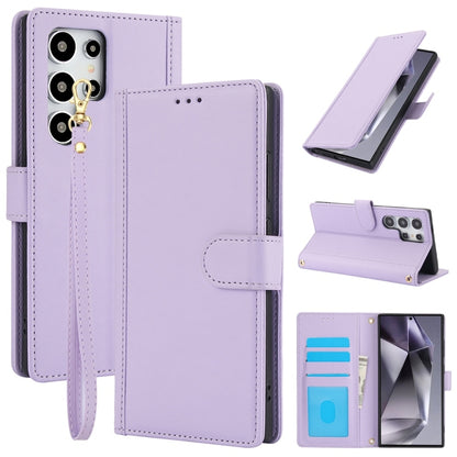 For Samsung Galaxy S25 Ultra 5G Skin Feel Pure Color Card Slots Leather Phone Case with Dual Lanyard(Purple) by buy2fix