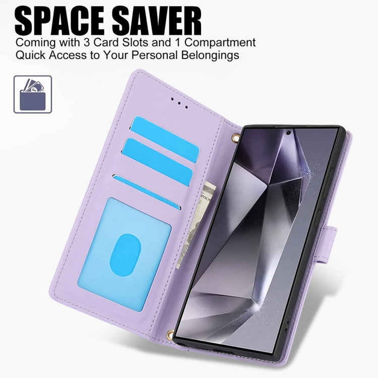 For Samsung Galaxy S25 Ultra 5G Skin Feel Pure Color Card Slots Leather Phone Case with Dual Lanyard(Purple) by buy2fix