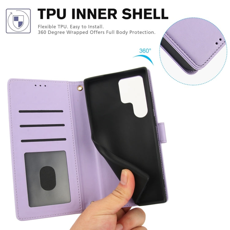 For Samsung Galaxy S25 Ultra 5G Skin Feel Pure Color Card Slots Leather Phone Case with Dual Lanyard(Purple) by buy2fix