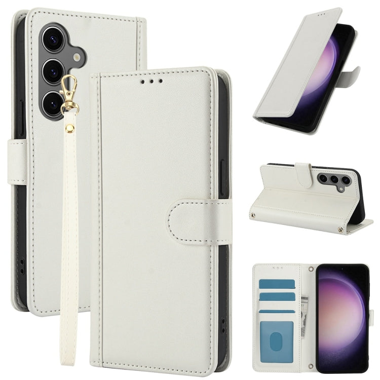 For Samsung Galaxy S25 5G Skin Feel Pure Color Card Slots Leather Phone Case with Dual Lanyard(White) by buy2fix