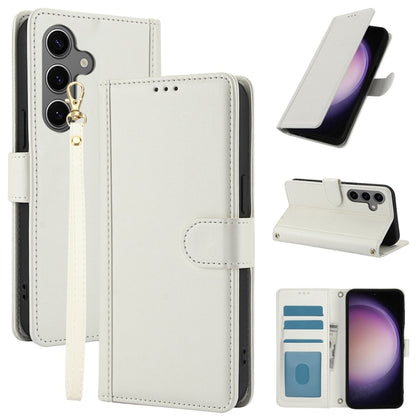 For Samsung Galaxy S25 5G Skin Feel Pure Color Card Slots Leather Phone Case with Dual Lanyard(White) by buy2fix