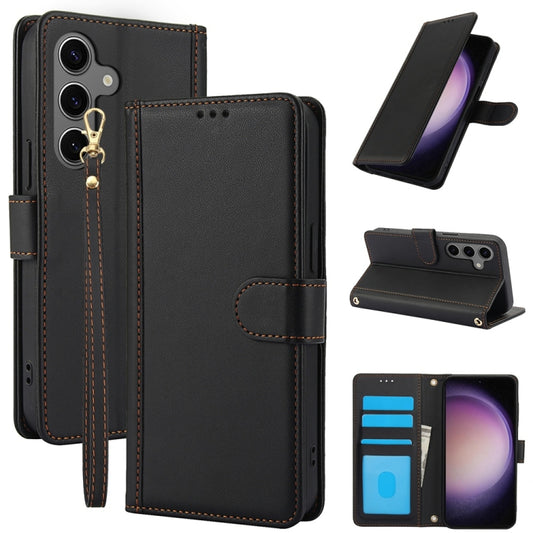 For Samsung Galaxy S25 5G Skin Feel Pure Color Card Slots Leather Phone Case with Dual Lanyard(Black) by buy2fix
