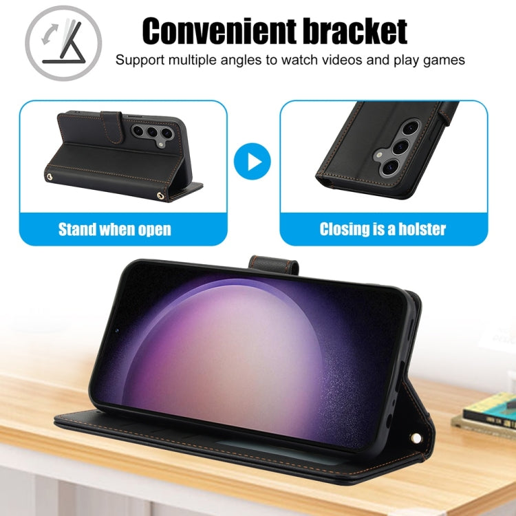 For Samsung Galaxy S25 5G Skin Feel Pure Color Card Slots Leather Phone Case with Dual Lanyard(Black) by buy2fix