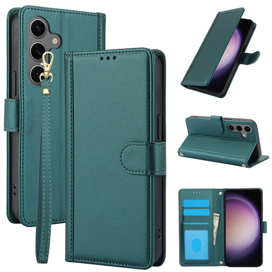 For Samsung Galaxy S25 5G Skin Feel Pure Color Card Slots Leather Phone Case with Dual Lanyard(Green) by buy2fix